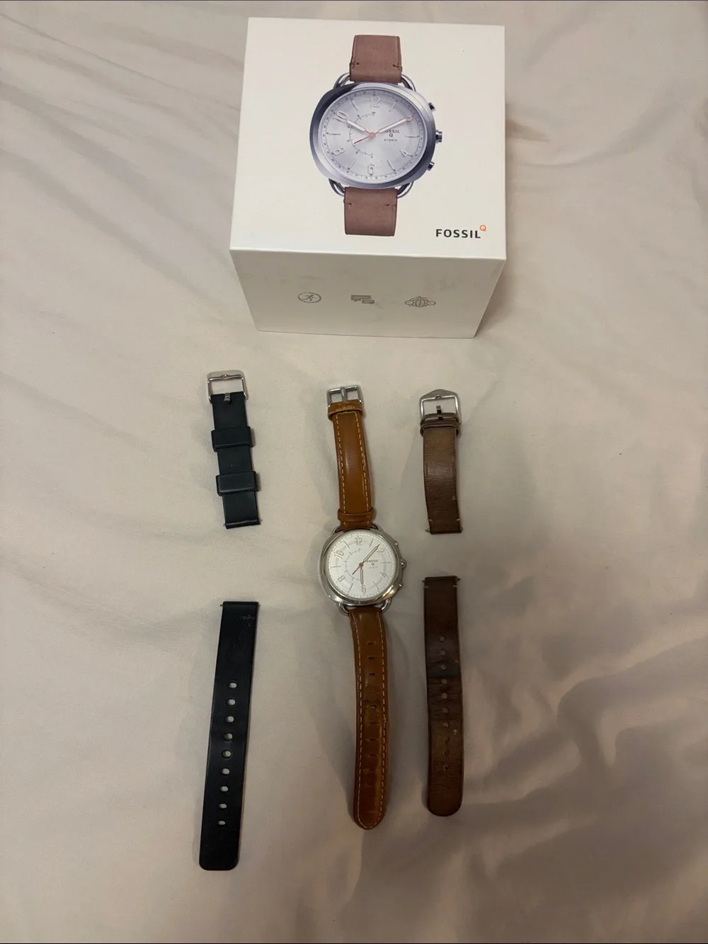 Fossil Q Hybrid Watch with Brown Leather Strap and Silver Case